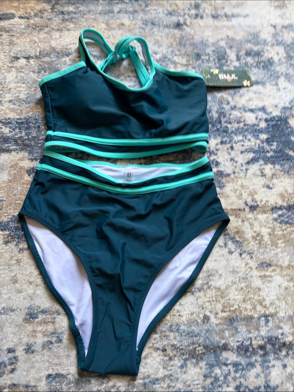 High-Waist Two-Piece Swim Set in Dark Teal with Mint Trim BMJL size xs